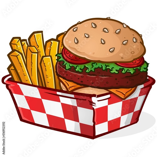 An irresistible grilled cheeseburger basket with crispy golden French fries fresh from the deep fryer