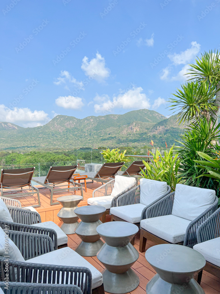 The outdoor dining table in front of the beautiful natural view, mountain,