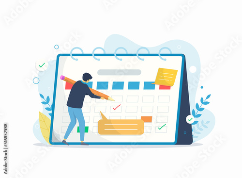 Planning appointment schedule illustration set. Characters writing notes and putting stickers on calendar, filling to do list and daily planner. Daily planning concept. Vector illustration.