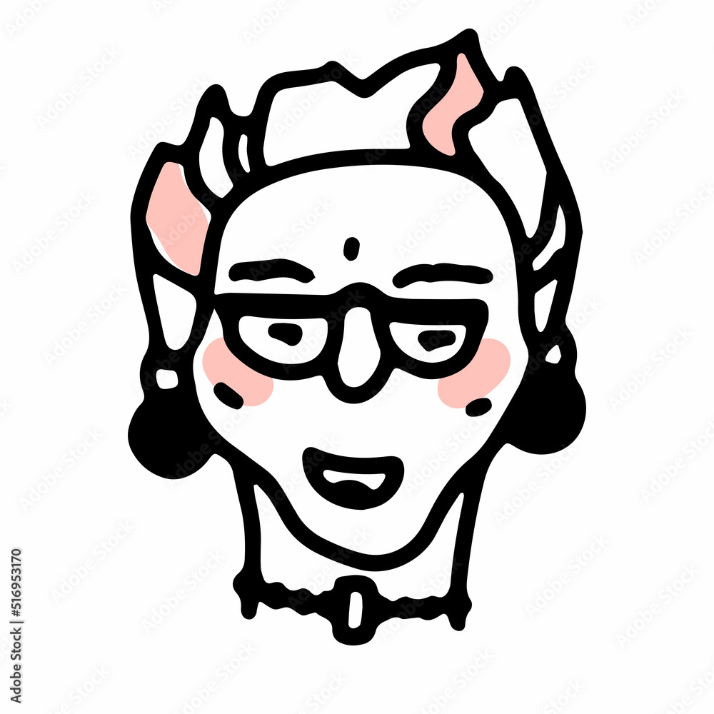 Doodle elderly woman with glasses, pink hair, bijouterie. Hand-drawn human face isolated on white background. Cartoon Funny grandma. Female portrait. Cheekbones, positive emotion. Vector illustration