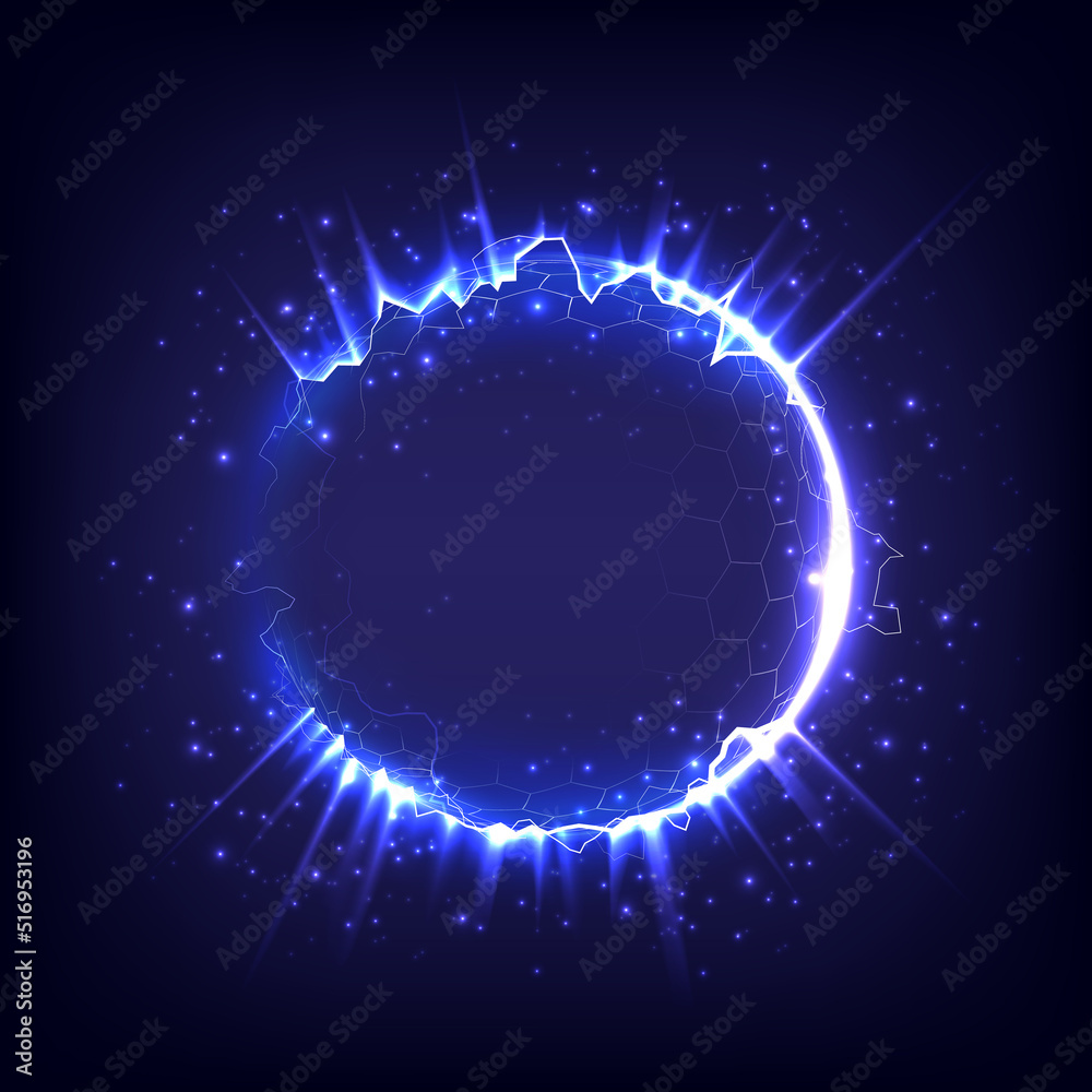 Fireworks model. Glowing circle. Sunshine, lightning, ray and sparking ring. Neon light tunnel. Bright border. Magic portal. Luminous electron and glint swirling. Cosmic energy. Hexagon barrier sphere