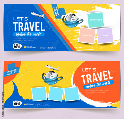 Modern World tours Banner design. company Holiday Adventure Template. Travel agency World Holiday Poster. Vacation Discount template. Travel and tour social media cover or web banner.	