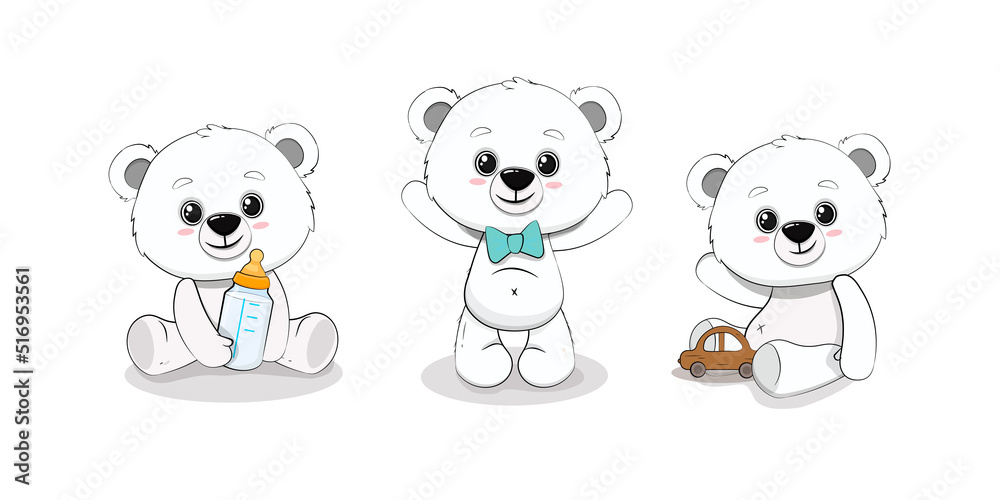 Cute cartoon polar bear cub with milk bottle and toy. Set of cartoon baby animals.