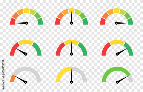 Vector set of measuring instruments png icons. Measuring instruments, speedometer on an isolated transparent background. Dashboard icon, panel arrow png.