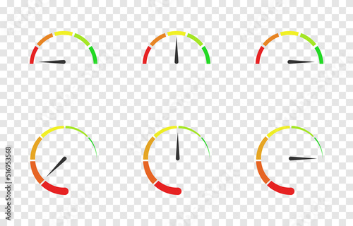 Vector set of measuring instruments png icons. Measuring instruments, speedometer on an isolated transparent background. Dashboard icon, panel arrow png.