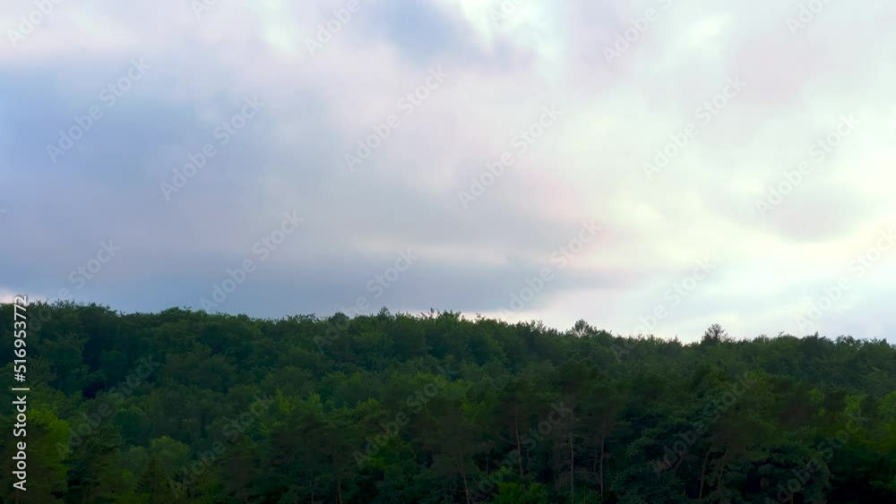 Time lapse shot of flying clouds over dense forest trees in nature during cloudy day Time lapse shot of flying clouds over dense forest trees in nature during cloudy day