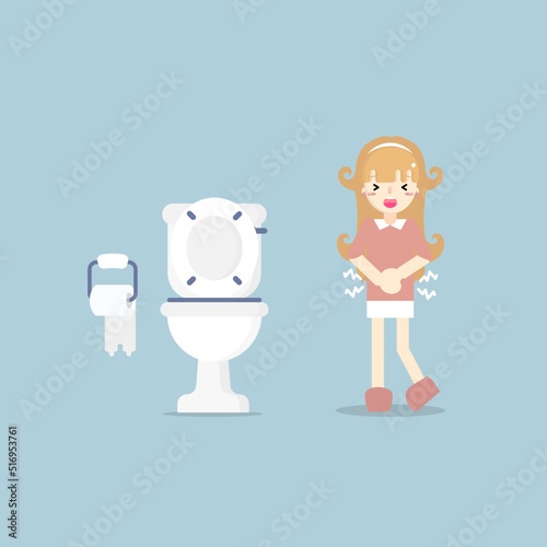girl having stomach ache, needing to urinate, holding his poo, suffering from diarrhea or constipation, health care concept, sanitation concept, flat character design vector illustration