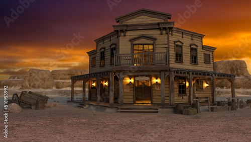 Old wild west saloon in a western desert town at sunset with mountains under orange sky in the background. 3D rendering.
