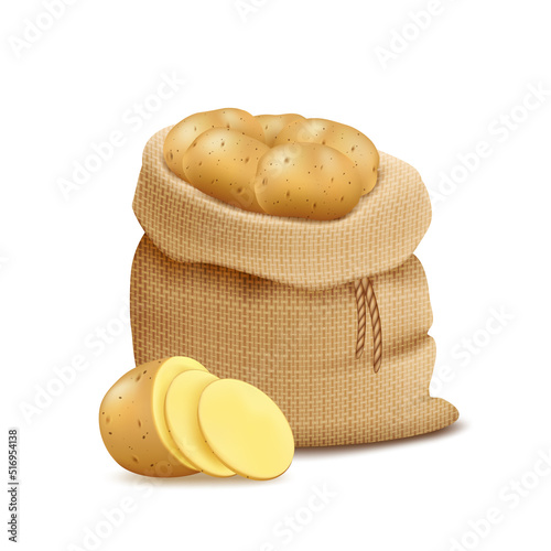 Burlap sack with whole potatoes and cut into pieces, vegetable harvest.