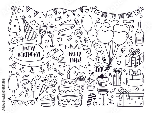Vector set of outline party doodles. Hand drawn birthday, anniversary, carnival, festival decor. Balloons, cupcakes, gift boxes, glasses, buntnting garland illustrations in freehand style