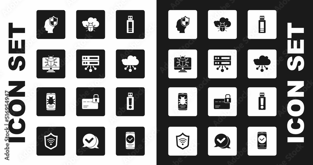 Set USB flash drive, Server, Data, Web Hosting, System bug on monitor, Head with shield, Internet of things, cloud, and mobile icon. Vector Set USB flash drive, Server, Data, Web Hosting, System bug on monitor, Head with shield, Internet of things, cloud, and mobile icon. Vector