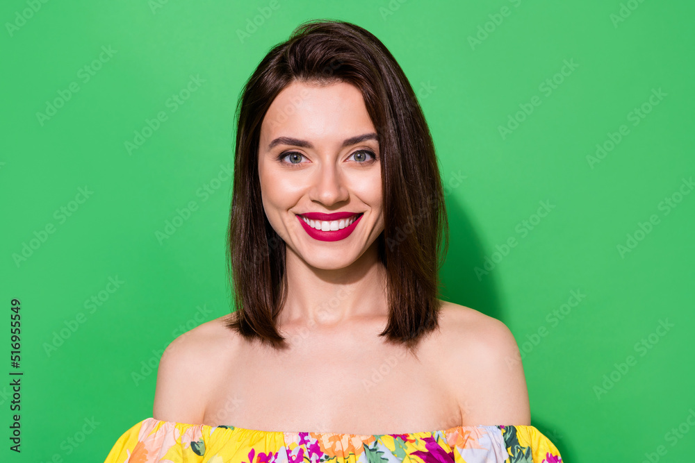 Portrait of pretty cheerful young lady toothy beaming smile look camera isolated on green color background Portrait of pretty cheerful young lady toothy beaming smile look camera isolated on green color background