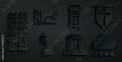 Set Stonehenge, England flag pennant, map, Cloud with rain, London phone booth and Robin hood hat icon. Vector