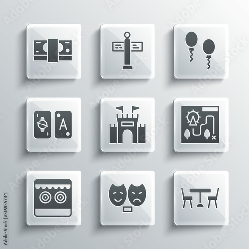 Set Comedy and tragedy masks, Picnic table with chairs, Amusement park map, Castle, Shooting gallery, Tarot cards, Stacks paper money cash and Balloons icon. Vector