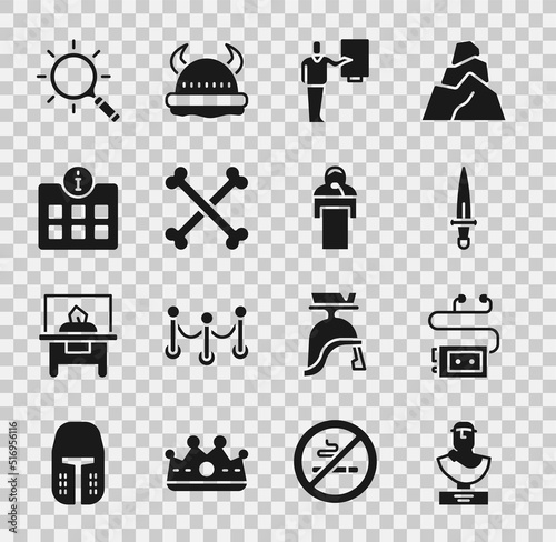 Set Ancient bust sculpture, Museum audio guide, Dagger, Crossed human bones, Information, Magnifying glass and Gives lecture icon. Vector
