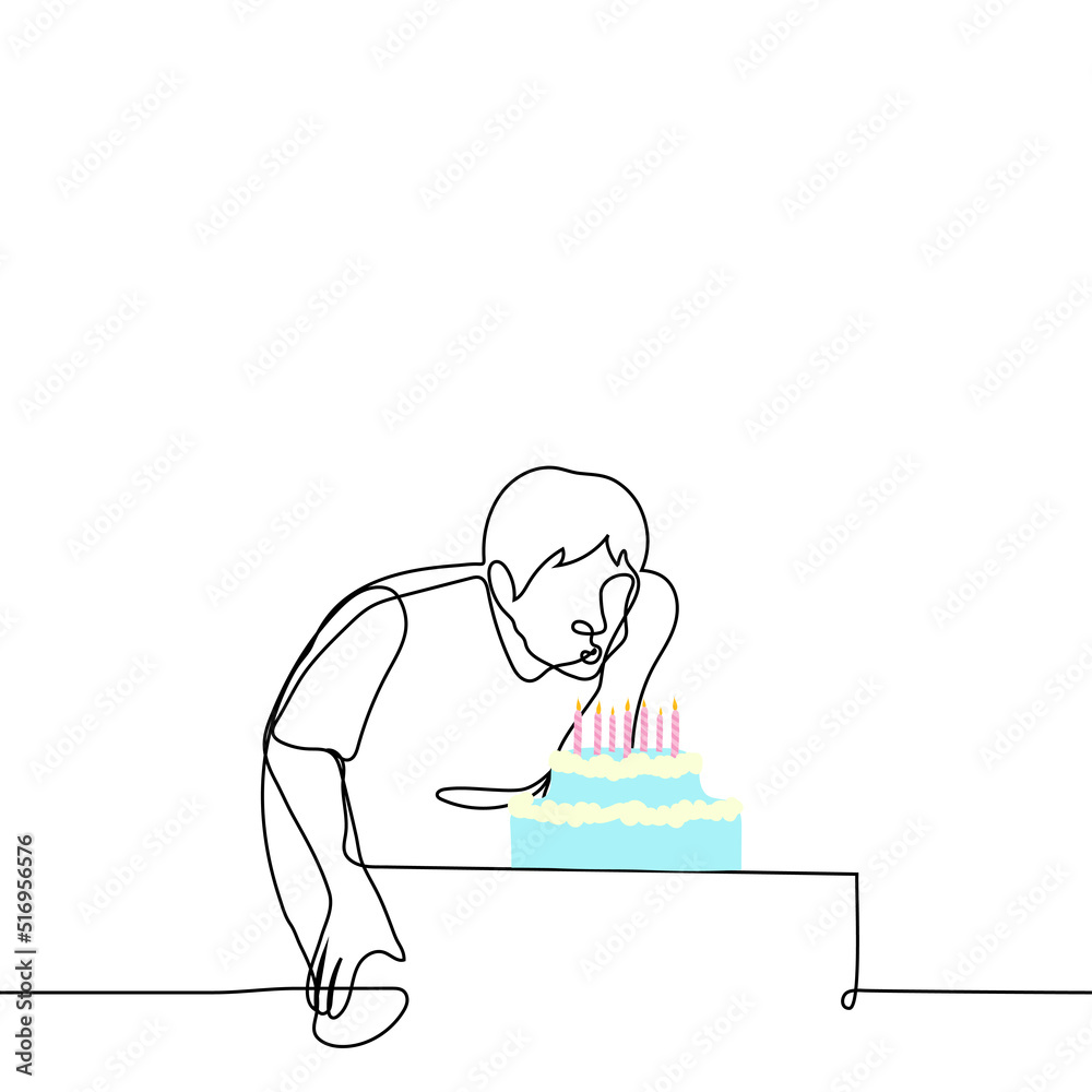 man blowing out the candles on the cake - one line drawing vector. the birthday boy bent over a table with a two-story cake. concept celebrate birthday alone