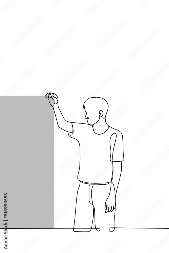 man stands with his hand on the upper point of support (locker, chest of drawers) - one line drawing vector. concept to think about repairing, rearranging furniture or buying a new one