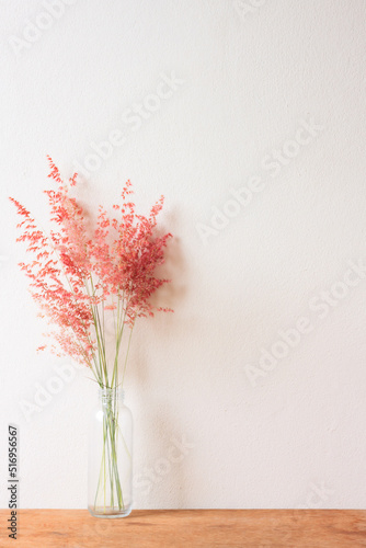 Pink flower grass (Natal grass,Natal redtop,Melinis repens) in glass bottle on wooden with wall background photo