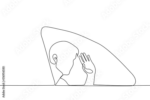 man sitting and waving from car window from passenger seat - one line drawing vector. concept celebrity waves to fans leaving the event, the tourist leaves and says goodbye to the city or country