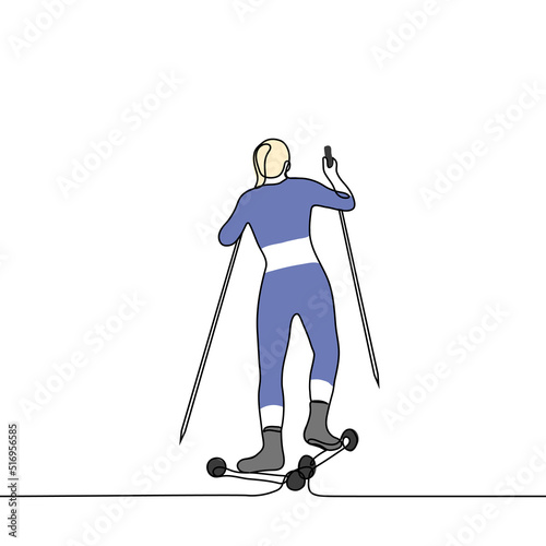 woman on roller skates with ski poles in sportswear - one line drawing vector. concept Scandinavian rollerblading, roller skating