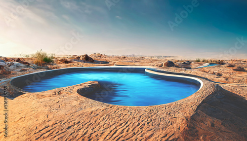 Sea water pool in the middle of a sandy desert. Rest in an oasis. Desert landscape at sunset with a swimming pool. 3D illustration.