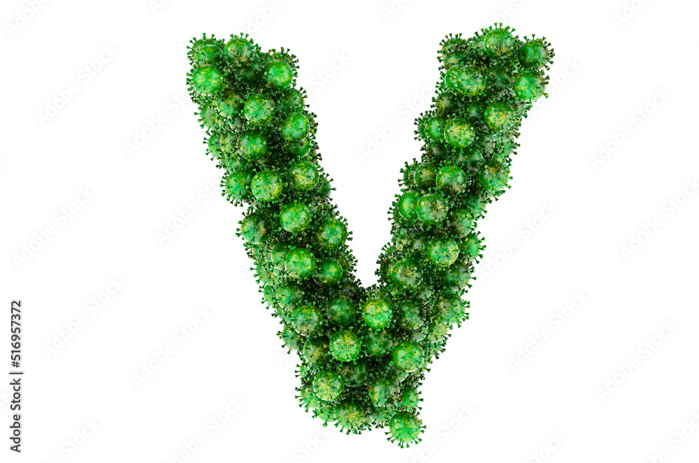 Letter V from green viruses. 3D rendering Letter V from green viruses. 3D rendering