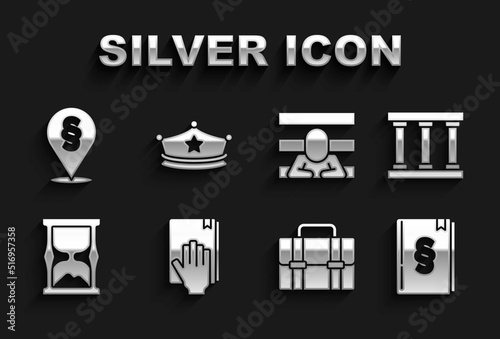 Set Oath on the Holy Bible, Prison window, Law book, Briefcase, Old hourglass, Prisoner, Location law and Police cap with cockade icon. Vector