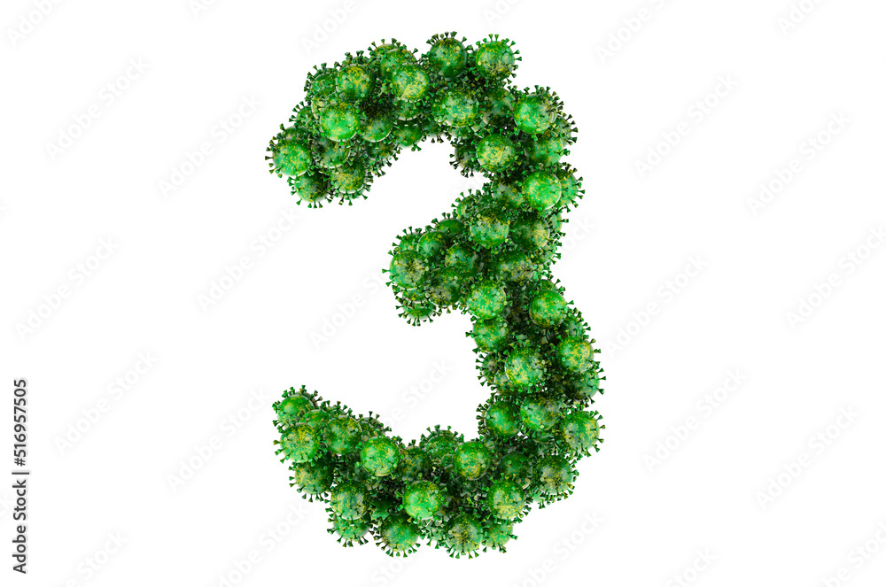 Number 3 from green viruses. 3D rendering Number 3 from green viruses. 3D rendering