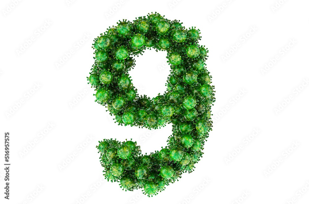 Number 9 from green viruses. 3D rendering Number 9 from green viruses. 3D rendering