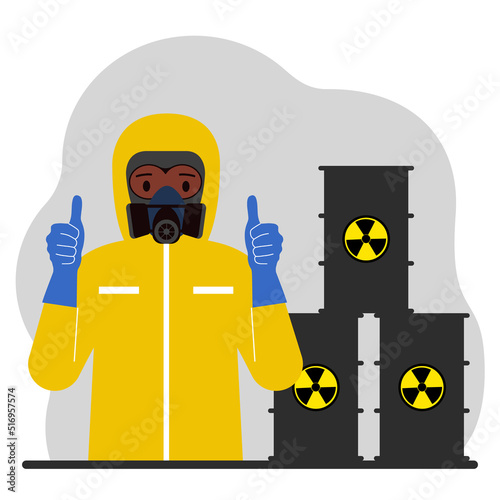 A man in a chemical protection suit next to black barrels with a picture warning about the toxicity of the waste. Radiation.
