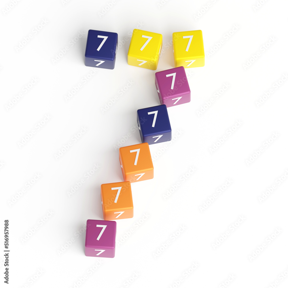 Number 7 from cubes. Font from cubes. 3D illustration. White background. Lettering design element. Children's font for learning the alphabet. Number 7 from cubes. Font from cubes. 3D illustration. White background. Lettering design element. Children's font for learning the alphabet.