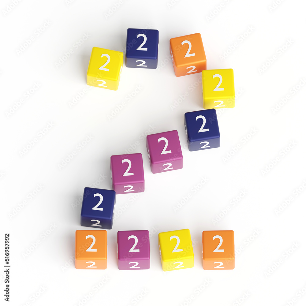 Number 2 from cubes. Font from cubes. 3D illustration. White background. Lettering design element. Children's font for learning the alphabet. Number 2 from cubes. Font from cubes. 3D illustration. White background. Lettering design element. Children's font for learning the alphabet.