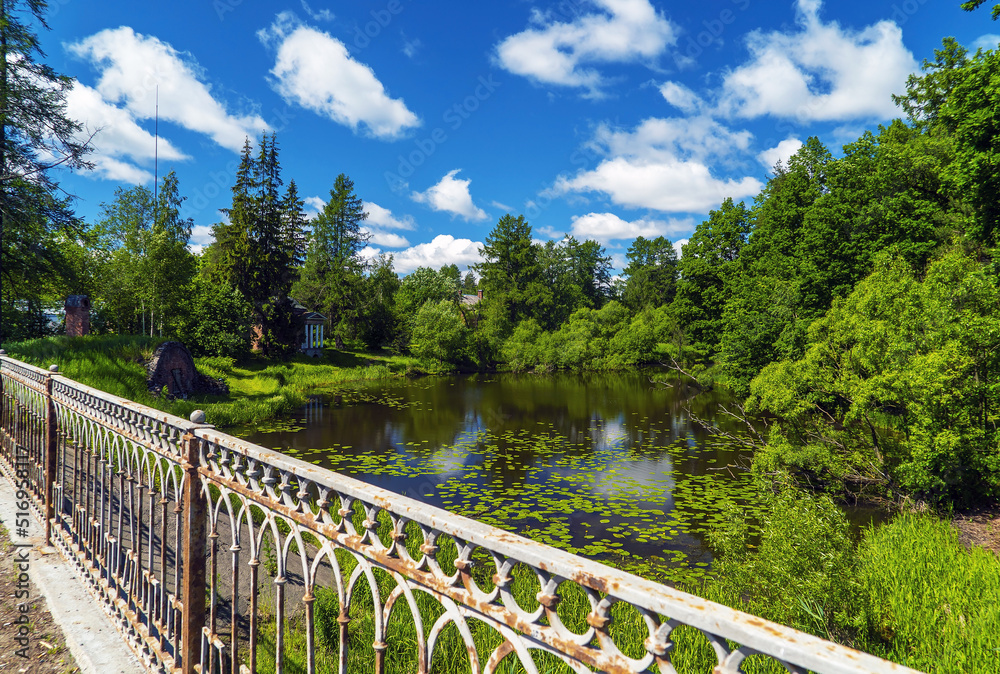 Fototapeta premium A bridge on the shore in the Priyutino estate. Vsevolozhsk. Leningrad region.