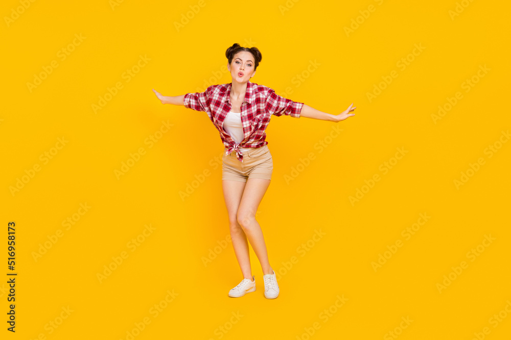 Full length photo of lovely lady youth dance discotheque hands aside fly up like bird isolated vibrant color background