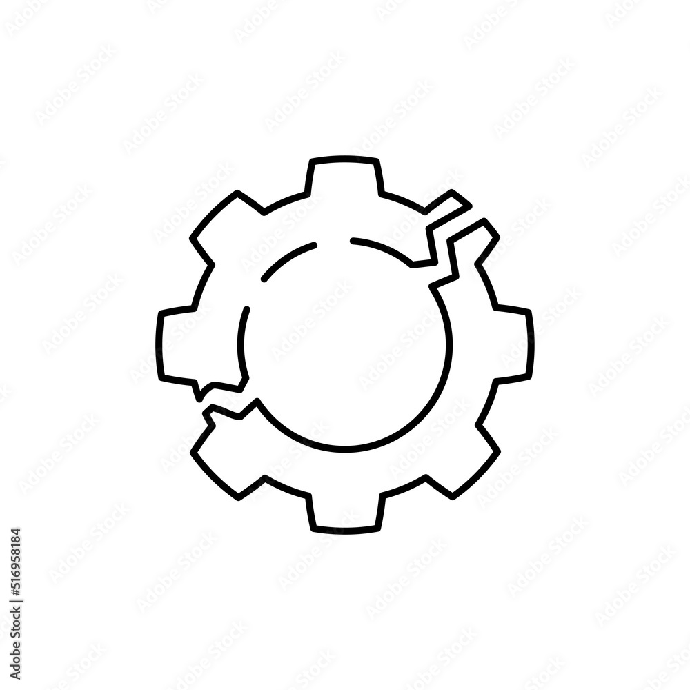 Black thin line broken gear like disruption icon. flat stroke style trend modern logotype graphic art design web element isolated on white. concept of breaking detail or poor work of the mechanism