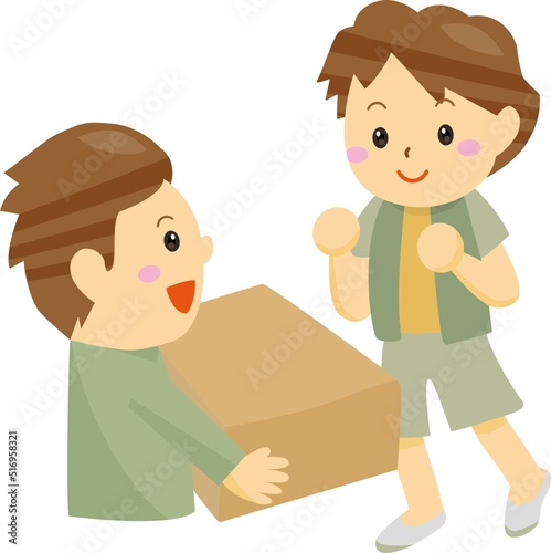 大きな荷物を運ぶ男性と受け取る男の子