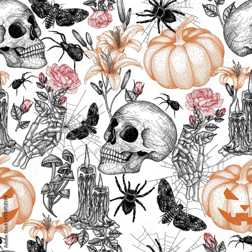 Seamless vector Halloween pattern in engraving style. Graphic skull, carved pumpkin, flowers, skeletal hand, moth, tarantula spider, cobweb, candles