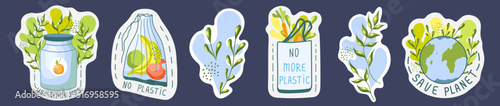 Ecological stickers. Environment protection, sustainability concept. No plastic, safe planet, use your own bag. Reuse. Recycle. Vector illustration.
