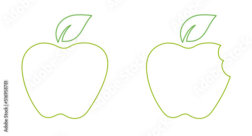 Outlined green apple fruit with green leaf symbol on a white background. Bitten green apple with green leaf icon.