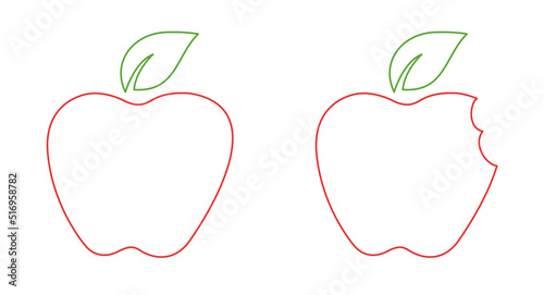 Outlined red apple fruit with green leaf symbol on a white background. Bitten red apple with green leaf icon.