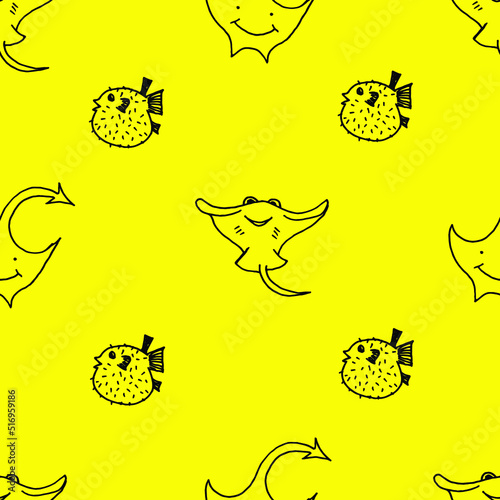 Seamless pattern with stingray fish and puffer drawn with black marker on yellow paper. Cramp-fish and puffer background.