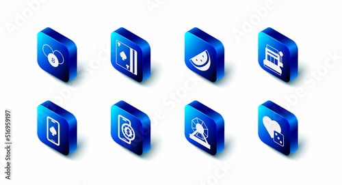 Set Deck of playing cards, Casino slot machine with watermelon, Slot, Game dice, Lottery, Online poker table game, and ball bingo icon. Vector