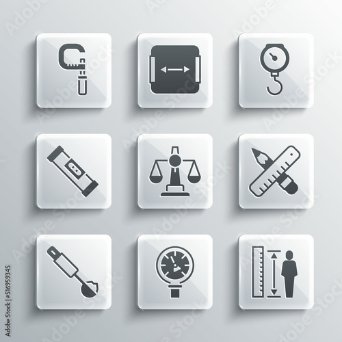 Set Pressure water meter, Measuring height body, Crossed ruler and pencil, Scales of justice, spoon, Construction bubble level, Micrometer and Hand scale spring mechanical icon. Vector