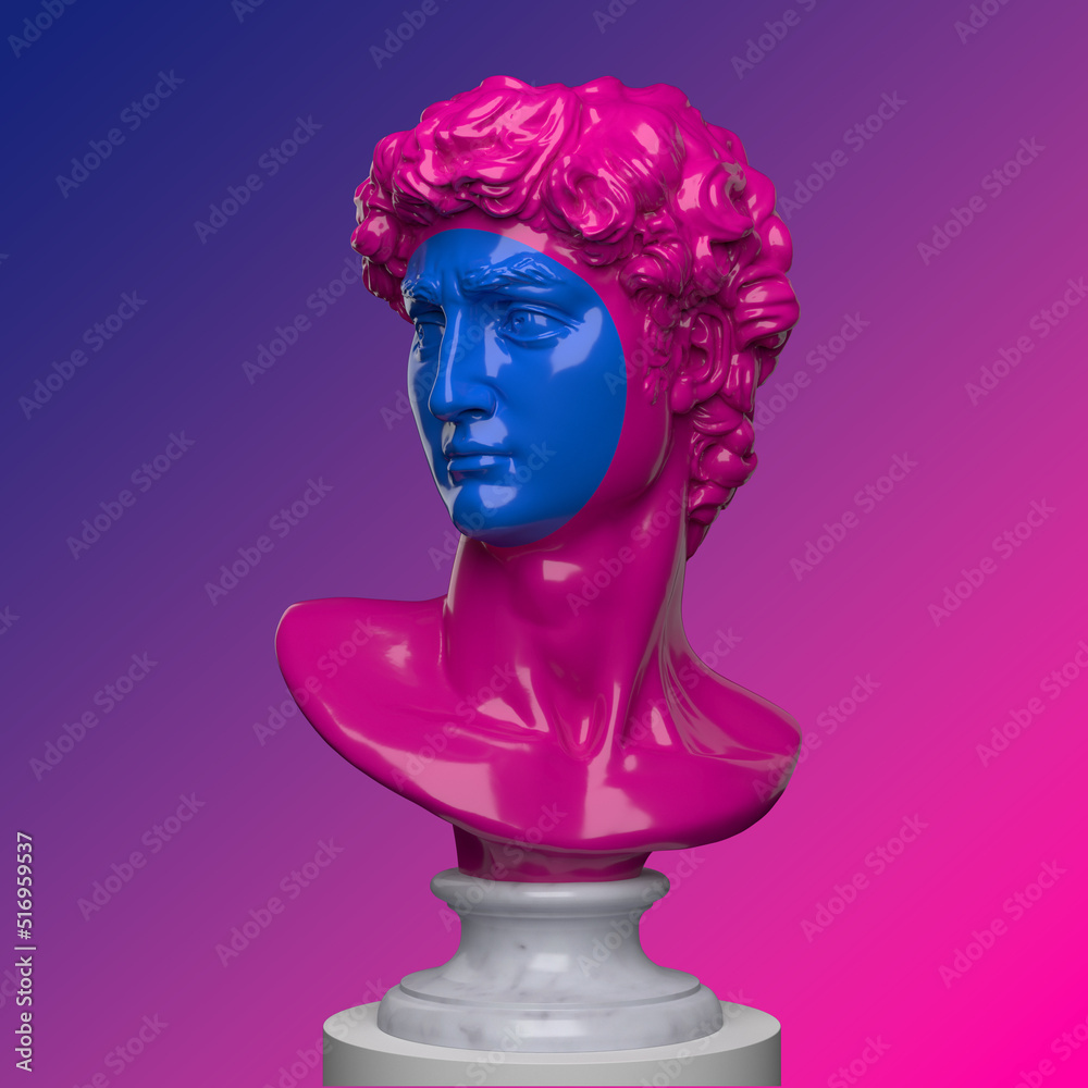 Abstract illustration from 3D rendering of shiny pink plastic bust of male classical sculpture with blue face cutout on a marble pedestal and isolated on vaporwave gradient background. Abstract illustration from 3D rendering of shiny pink plastic bust of male classical sculpture with blue face cutout on a marble pedestal and isolated on vaporwave gradient background.