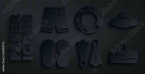 Set Rubber flippers for swimming, Elegant women hat, Flip flops, Shark fin ocean wave, ring and Swimming trunks icon. Vector