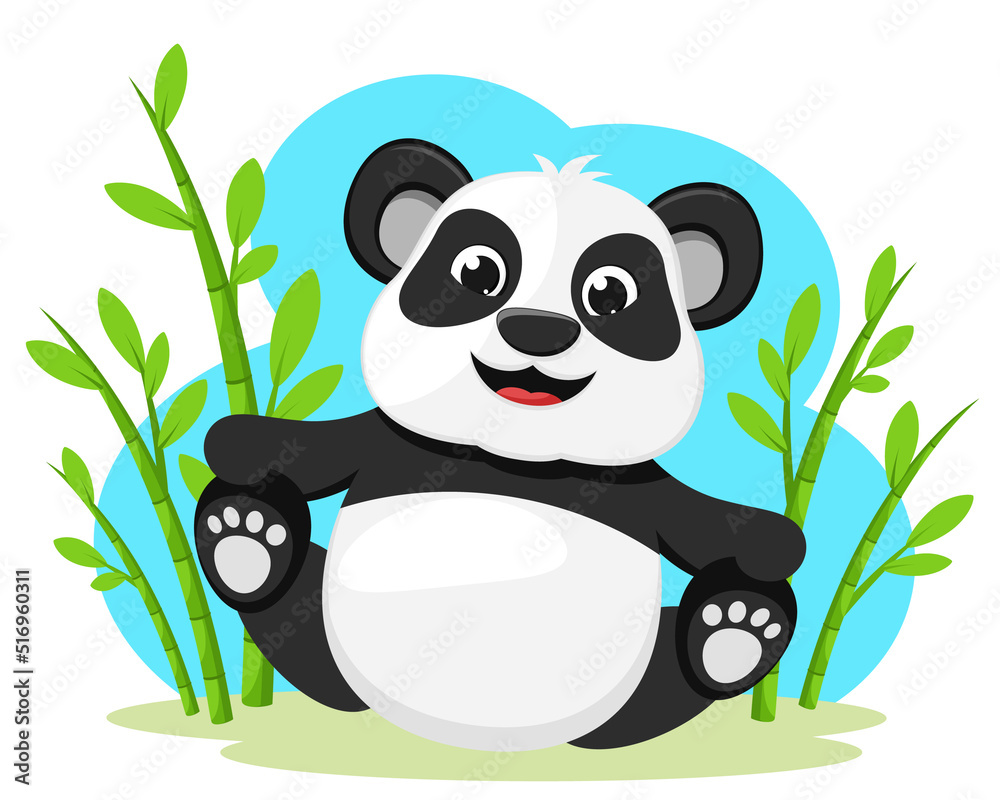 Fototapeta premium Panda bear sits and smiles on a white background. Character