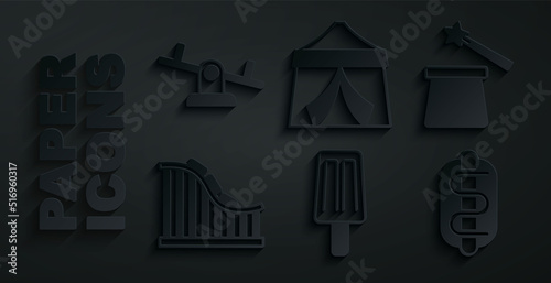 Set Ice cream, Magic hat and wand, Roller coaster, Hotdog sandwich, Circus tent and Seesaw icon. Vector