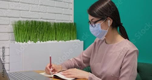 European business woman works hard in cokorking in a protective medical mask