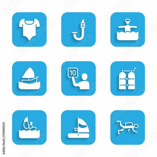 Set Assessment of judges, Windsurfing, Scuba diver, Aqualung, Yacht sailboat, Water gymnastics and Swimsuit icon. Vector