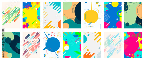 Set of  14 modern poster with minimalist frames design and retro hipster geometric elements. Design elements for cover, brochure, magazine, poster, flyer,  mobile apps,